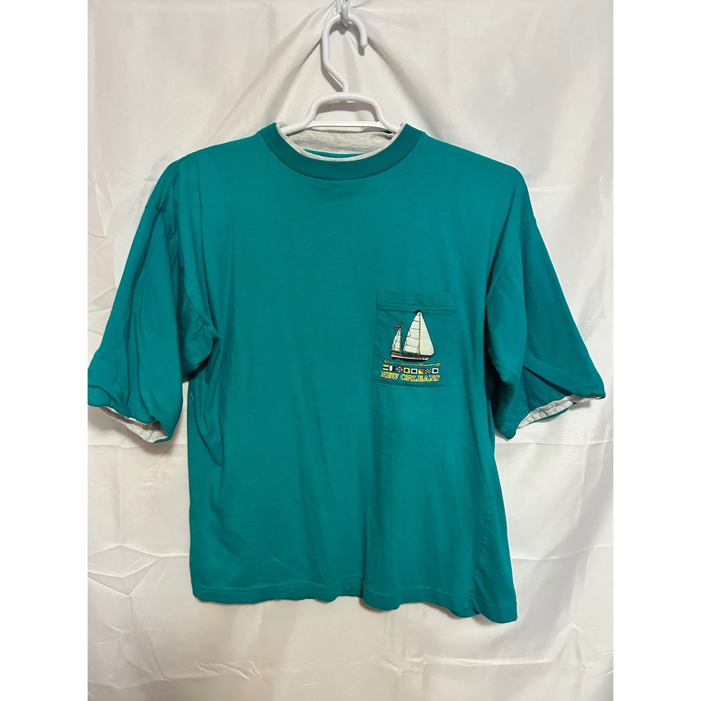 Vintage 90s New Orleans Sailboat Tee Layered Sleeve Pocket Nautical L